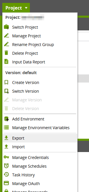 Screenshot image of Matillion user interface where you can find theImport and Export options under the Project menu