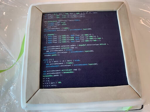 This is a picture of a cake that looks like a code screen, for a party for the Matillion Student Placement program.